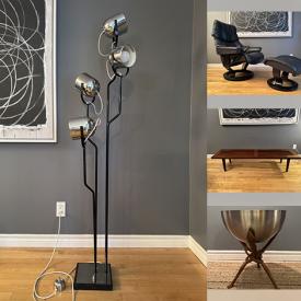 MaxSold Auction: This online auction features MCM teak furniture, postmodern cantilever chairs, postmodern lamps, Ekornes recliner, iron chairs, postmodern tubular chairs, wood carving, and more!