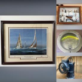MaxSold Auction: This online auction features crock, road oil lamp, Tim Thompson artwork, stained glass panel, wood carving, sailboat art, antique marina clock, vintage bait box, inclinometer, and more!