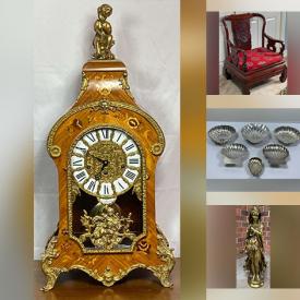MaxSold Auction: This online auction features art books, art pottery, bronze & iron sculptures, Asian tea pots, Pearpoint style lamp, teacup/saucer sets, vintage Guiseppe Armani figurines, Royal Doulton figurine, desk & chair, Roseville pottery, wood carvings, polychrome jasper flames, children’s books, children’s play cottage, Swarovski figurines, perfume bottles, toys, CDs, art glass, accordion, hand tool, area rug, Chinoiserie mirrors, coins, stained glass suncatcher, cloisonne vase, garden tools, and much, much, more!!!