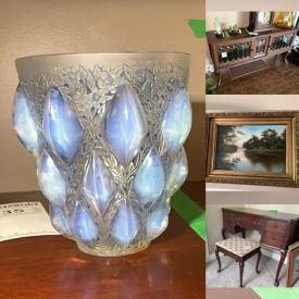 MaxSold Auction: This online auction features diamond & gold jewelry, Moorcroft, decanters, jade figure, leather furniture, stained glass lamps & panel, area rugs, art glass, brass table, small kitchen appliances, Satsuma, porcelain figurines, stamps, dressing screen, tea cart, stair lift, women’s clothing & shoes, antique vanity, beauty appliances, sewing machine, Royal Doulton figurines, perfume bottles, jewellery cabinet, TVs, desk & chairs, office supplies, printer, wooden ships, cloisonne, chandelier, dehumidifier, mirrors, planters, garden tools, power & hand tools, patio furniture, golf clubs, wood chipper, coins, and much, much, more!!!