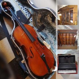 MaxSold Auction: This online auction features an electric piano, vintage trunk, glass decanter, cellos, holiday decor, sculptures, gumball machine, chandeliers, records, wall art, TVs, radiators, books, DVDs, and much more!