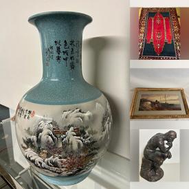 MaxSold Auction: This online auction features Chinese scroll paintings, area rugs, vintage teapot, collector plates, clay masks, art glass, original paintings, Limoges, Ironstone, cinnabar vase, Satsuma vase, stone carvings, snuff bottle, new train set, English saddle, costume jewelry, and more!