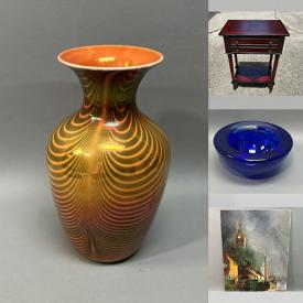 MaxSold Auction: This online auction features art glass, collectible plates, vanity tray, stoneware bowls, oil paintings, art pottery, sports collectibles, Transferware, costume jewelry, Limoges, vintage dollhouse furniture, Nippon porcelain, and more!