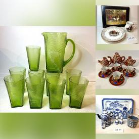 MaxSold Auction: This online auction features silver & costume jewelry, S&P shakers, art glass, vintage ashtrays, Disney collectibles, pump decanter set, Lladro figurine, Fenton glass, Carnival glass, cranberry glass, Sadler teapot, teacup/saucer sets, Satsuma tea set, espresso cups/saucer sets, Depression glass, snuff bottle, Poetmeirion tea set, and more!
