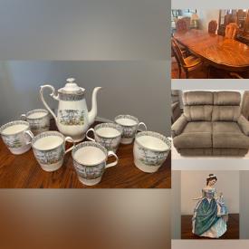 MaxSold Auction: This online auction features Royal Doulton figurines, decanter, art pottery, desks, china cabinet buffet, reclining sofa, garden art, DVDs, metal wall art, bookshelves, art glass, wood/ivory sculpture set, and more!