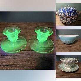 MaxSold Auction: This online auction features teacup/saucer sets, art pottery, vintage sealer jar, vintage Pyrex, Depression glass, coins, watches, vintage ashtrays, table lighters, antique thread spools, Uranium glass, area rug, perfume bottle, vintage bottles, and more!