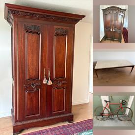 MaxSold Auction: This online auction features armoires, 4 4-post bed frame, marble top tables, leather furniture, chandelier, area rug, bikes, small kitchen appliances, skis, snowboard, TV, puzzle, men’s clothes & shoes, bar stools, iMac, and more!