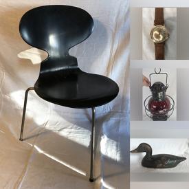 MaxSold Auction: This online auction features room divider, MCM chairs, Blue Mountain pottery, watches, art pottery, art glass, Fritz Hansen chair, uranium glass, kitsch TV lamp, milk glass, MCM German pottery, soapstone carvings, stained glass panel, planter, teak furniture, MCM Rya rugs, vintage kitchen utensils, concert poster collection, antique railway lantern, duck decoy, biscuit barrel, antique drafting tools, and more!\n