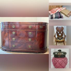 MaxSold Auction: This online auction features art pottery, Royal Doulton figurines, vintage Pyrex, art glass, antique balloon-back chairs, 4 post bed, porcelain flowers, decorative plates, Duncan Phyfe table & chairs, teacup/saucer sets, costume jewelry, dressing table, vintage crocks, antique sad irons, desk & chair, coins, area rugs,  patio furniture, stained glass lamp, craft supplies, and more!