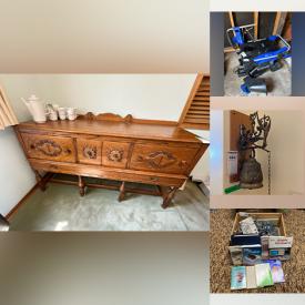 MaxSold Auction: This auction features Cornet, Porcelain, Reitzels Buffet,  Dining Furniture, Anniversary Clocks, Model Trains, Figurines, Tea Cups, Crystal Barware, Books, Art, Home Decor, Games, Carpets, Vacuum, Kitchen Appliances, Bowls, Linens, Secretary Desk, Ladies and Mens Clothing, Daybed, Office Supplies, Crock, Garden Tools, Lawnmower, Milk Jugs, Golf Clubs, Lamps, Tea Set, Cuckoo Clock, Luggage, Maps , Hand Tools and much much more!