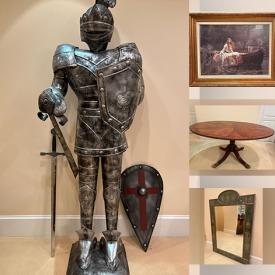 MaxSold Auction: This online auction features suit of armor, traditional floor lamps, pedestal accent table, boudoir chair, TVs, wrought iron wall panels, Waterford glassware, runner rugs, chinoiserie room divider, bar stools, skis, and more!