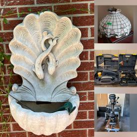 MaxSold Auction: This online auction features stained glass shades, metal wall art, Royal Doulton figurine, pewter cups, small kitchen appliances, cameras, printer, sports gear, power & hand tools, camping gear, TV, rolling tool chest, chain saw, keg cooler, sewing machine, outerwear, patio furniture, garden art, BBQ grill, wall fountain, planters, garden tools, bikes, lawnmowers, snow tires, golf clubs, hoist, fishing gear, and more!