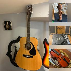 MaxSold Auction: This online auction features stained glass panel, vintage Deartis vase, wood carvings, vintage deity mask, guitars, antique rocking horse, art pottery, sports collectibles, Mexican bark painting, stone figurine, art glass, Chinese chinoiserie lamp, skateboard, violin, art plates, metal wall art, Hull pottery, and much, much, more!!!
