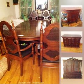 MaxSold Auction: This online auction features antique server, dining table with chairs, DVDs, circular desk, and much more!