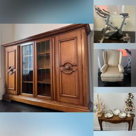 MaxSold Auction: This online auction features dining room furniture, desks, end tables, leather sofa, antique mantel clock, exercise equipment, wingback chairs, and more!