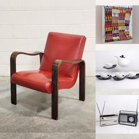 MaxSold Auction: This online auction features crocheted tablecloths, throw blankets, MCM chrome armchairs, postmodern bar stools, giraffe lamps, geometric glass table, vintage Bodum coffee maker, spider wall clock, espresso mugs, vintage postmodern lamps, and more!