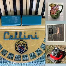 MaxSold Auction: This online auction features piano accordion, small kitchen appliances, games, wall cabinets, office chair, wire shelves, toys, tea sets, vintage kitchen tools, vintage bottles, Carnival glass, Depression glass, vintage Pyrex, art pottery, pet products, art glass, new beauty products, vinyl records, lawnmower, power & hand tools, and more!\n