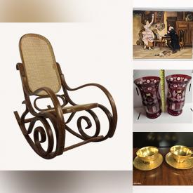 MaxSold Auction: This online auction features teacup/saucer sets, Burslem pottery, vintage hen on nest, Depression glass, vintage ruby/clear collection, art glass, crystal decanters, Swarovsky figurine, perfume bottle, Egermann crystal vases, cranberry glass, vintage gold rimmed glasses, vintage oil paintings, antique picture frames, humidifier, planters, antique floor lamps, standing ashtray, vintage oil lamp, and more!!