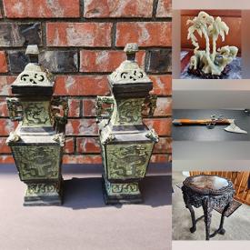 MaxSold Auction: This auction features Blown Glass, Jade Carving, Ikebana Vase, Chess Set, Foo Dogs, Tea pot, Bronze Sculpture, Guitar Stand, Egyptian Necklace, Prayer Wheel, Pottery Mugs, Uranium Glass, Longboard, Serving Dishes, Desk, Lamps, Fan, Comforter , Maple Trees and much more.