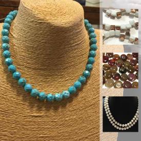 MaxSold Auction: This online auction features a double strand pearl necklace; semiprecious stone jewelry findings; and a baby pink leather couch and much more!