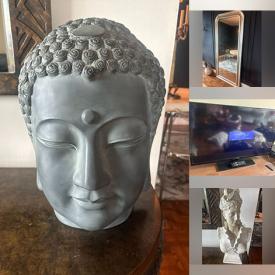 MaxSold Auction: This online auction features MCM butterfly chair, Buddha head sculpture, art books, industrial coffee table, abstract figurines, TV, mirrors, leather futon, and more!