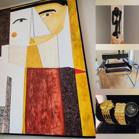 MaxSold Auction: This online auction features F R Sullivan paintings, Wassily-style chairs, drafting desk, digital piano, stool, wood sculptures, live edge table, leather furniture, garden art, tribal masks, modern floor & table lamps, art glass, Indigenous art, desks & chairs, Folk Art figurines, pedestals, Steuben vase, TVs, vintage cameras & lenses, games, office supplies, printer, garden tools, pressure washer, golf clubs, dollhouse, power & hand tools, art pottery, small kitchen appliances, exercise equipment, shelving, gold, silver & costume jewelry, wristwatches, vinyl records, area rug, coins, stamp collection, vintage wood room divider, bike, electric fireplace, and much, much, more!!!