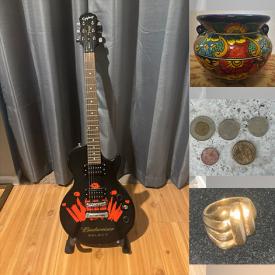 MaxSold Auction: This online auction features Talavera planters, guitars, vinyl records, coins, perfume bottles, silver, gold, & costume jewelry, novelty teapot, art glass, small kitchen appliances, pendulum light fixture, karaoke system, scooters, men’s shoes, painting supplies, vinyl records, garden tools, and more!