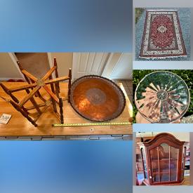 MaxSold Auction: This online auction features stone carvings, vintage pipe rack & pipes, wood carvings, Axulejo-style tile murals, china floral arrangements, copper trays & ladles, antique brass boxes, horse brasses, teacup/saucer sets, Sadler teapots, transferware, art pottery, decorative plates, steins, Lilliput Lane cottages, Waterford glasses, vinyl records, stained glass lamp, fireplace insert, area rug, vintage secretary desk, yarn, electronic piano, guitar, rolling tool chest, hand tools, and much, much, more!!!