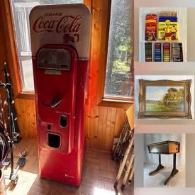 MaxSold Auction: This online auction features vintage Coca-Cola vending machine, antique harvest table, DVDs, vintage bottles, crocks, milk glass, jadeite, vintage kitchen tools, small kitchen appliances, perfume bottles, watches, decorative plates, banknotes, coins, Royal Doulton figurines, Red Rose figurines, doll house & furniture, antique settee, costume jewelry, art, craft & sewing supplies, yarn, Indigenous artwork, fabric, CDs, buttons, stained glass panel, antique books, mirrors, antique irons, brass collectibles, area rugs, art glass, advertising tin collection, power & hand tools, firepit, garden art, lawnmower, planters, canoe, and much, much, more!!!