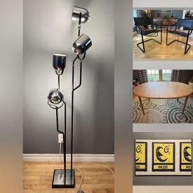 MaxSold Auction: This online auction features MCM floor lamp, postmodern cantilever chairs, Lucite chairs, vintage stained glass light, area rug, teak furniture, vintage brass floor lamps, bar stools, vintage atomic table, and more!