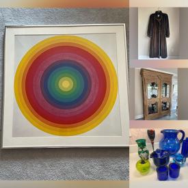 MaxSold Auction: This auction features Royal Doulton Figurines, Julio Le Parc Pop Art, Down Seating, Jardiniere, MCM Salad Set, Tea Cups, Soapstone Carving, Art, Burl Coffee Table, Frames, Suitcase, 80s Parka, Glassware, Dining Set, Electric Recliner, Pyrex Bowls, Le Creuset Pan,  Vases, Chandelier, Flatware, Mirrors,  and much much more!