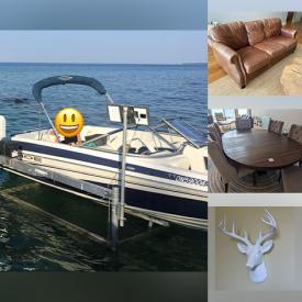 MaxSold Auction: This online auction features Tahoe ski/fish boat, live edge coffee table, leather furniture, area rugs, counter height stools, metal wall art, nautical furnishings, Mennonite furniture, antique storage chest, adjustable desk, sports collectibles, metal utility shelving, electric fireplace, fitness gear, cuckoo clock, telescope, video game console, Coca-Cola collectibles, pull-out couches, patio furniture, fishing gear, skis, snowboard, and much, much, more!!!