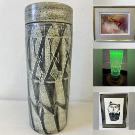 MaxSold Auction: This online auction features art glass, Indigenous artwork, Art Nouveau lamp, J. Matiss painting, Pat Fairhead watercolour, vintage stained glass triptych, art pottery, biscuit jar, vintage Belleek, MCM planter, uranium glass, vinyl records, Franklin Mint sculptures, puzzle, and more!