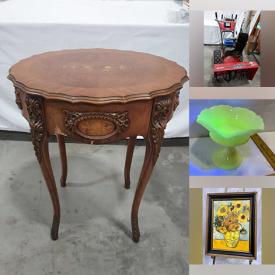 MaxSold Auction: This online auction features costume jewelry, ladders, snowblower, sewing machine, TV, bar stools, room divider screens, crocks, Depression glass, Uranium glass, office supplies, garden tools, vintage lounge chair, vintage trunk, Christmas village buildings, vintage oil lamps, milk glass, souvenir spoons, small kitchen appliances, storage totes, cedar chest, Yamaha keyboard, and more!