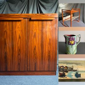 MaxSold Auction: This online auction features antique cast iron lamp, vintage kitchen utensils, antique Majolica, art glass, stained glass panels, art pottery, decorative plates, art tiles, teak furniture, and more!