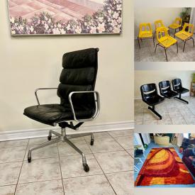 MaxSold Auction: This online auction features postmodern love seat, area rug, vintage cantilever chairs, Kandinsky poster, vintage floor & table lamps, floating pedestals, Andre Besse paintings, office chairs, vintage bar cart, vintage tandem seating, pedal car, vintage spring horse, MCM stacking chairs, metal wall art, and more!