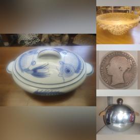 MaxSold Auction: This online auction features antique rocker, decorative plates, wood carvings, art pottery, antique dough bowl, art glass, decorative teapot, wicker baskets, decanter, coins, and more!