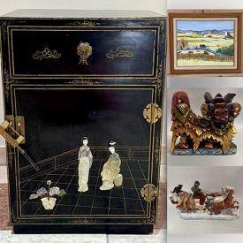 MaxSold Auction: This online auction features Fenton glass, vintage Satsuma, Fiesta ware, art glass, mantle clock, metal sculpture, vintage lacquer cabinet, antique writing table, vintage Japanese Kimono, guitar, wood carvings, brass sculpture, framed artwork, silver & costume jewelry, and more!