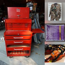 MaxSold Auction: This online auction features rolling toolbox, power & hand tools, fishing gear, pallet jack, antique folding screen, garden tools, chainsaws, wood stove, painting supplies, plumbing supplies, hunting clothing & accessories, collector plates, steins, Red Rose figurines, insulators, binoculars, tiller, planters, and more!