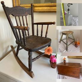 MaxSold Auction: This online auction features antique furniture, vintage pocket watch collection, vintage brass collectibles, Benjamin Chee Chee print, Asian rubbing, sewing machine, mirrors, vintage Flow Blue, Transferware, Depression glass, art pottery, collector plates, art glass, vintage bottles, insulators, vintage kerosene lamps, and more!