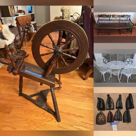 MaxSold Auction: This online auction features antique spinning wheel, TV, desks & chairs, teacup/saucer sets, upright piano, patio furniture, sleeper sofa, decorative shoe collection, jewelry armoire, fitness gear, exercise equipment, garden art, sad irons, small kitchen appliances, live plants, golf clubs, wicker furniture, decorative teapots, collector plates, area rugs, bar stools, oil lamp, Deacon’s bench, and more!