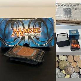 MaxSold Auction: This online auction features vintage Pyrex, coins, Willow Tree, art glass, watches, vinyl records, vintage magazines, collector spoons, perfume bottles, marbles, lead soldiers, Magic: The Gathering cards, gaming dice, DVDs, power tools, costume jewelry, antique books, milk glass, women’s shoes, dance costumes, fashion dolls, comics, games, oil lamp, and more!\n