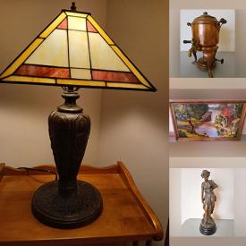 MaxSold Auction: This online auction features art glass, exercise equipment, vintage mantel horse clock, practice amp, wood carving, Arts & Crafts style lamp, vintage alabaster lamps, wall masks, glass insulators, antique samovar urn, Disney collectibles, vintage toys, Tiffany-style lamp, Avon collector bottles, vintage advertising tins, art pottery, comics, and much more!