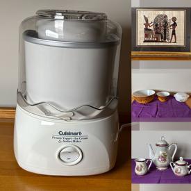 MaxSold Auction: This online auction features vintage Ironstone dishes, small kitchen appliances, wood sculptures, desk, NIB water globe, papyrus prints, vintage Pyrex, art pottery, art glass, vintage cabinet, and much more!