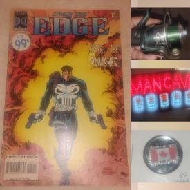 MaxSold Auction: This online auction features comics, coins, fishing gear, men’s clothing, banknotes, hardware, garden tools, vinyl records, LED signs, vintage tins, fitness gear, sewing machine, and more!