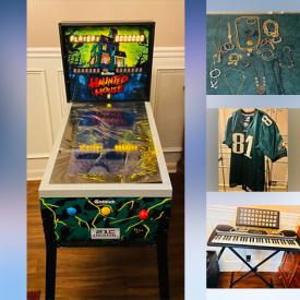 MaxSold Auction: This online auction features pinball machine, exercise equipment, bathroom sinks, live plants, Yamaha piano, small kitchen appliances, vintage Avon bottles, costume jewelry, vinyl records, toys, power & hand tools, NIB ceiling fan, DVDs, play vanity, preschool toys, fashion dolls, play food, vintage clocks, guitar, amp, vintage English saddle, printers, collector plates, jerseys, and more!