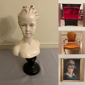 MaxSold Auction: This online auction features metal statue, animal statues, art glass, pewter statue, garden art, vintage biiscuit jars, decorative teapots, cookie jar, art pottery, stein, Bunnykins, decorative plates, small kitchen appliances, teacup/saucer sets, brass collectibles, planters, sewing supplies, collector spoons, stained glass panel, Larry Gluck watercolour, Keirstead painting, Karola watercolours, mirrors, brass/glass table, area rugs, vintage trunk, watches, costume jewelry, exercise equipment, and more!