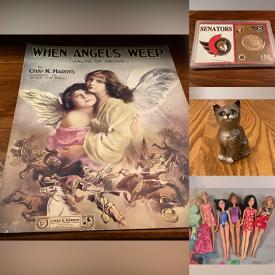 MaxSold Auction: This online auction features Barbies & accessories, Cherished Teddies, video games, costume jewelry, teacup/saucer sets, Wedgwood, hardcover books, DVDs, women’s footwear, trinket boxes, decanter & stand, coins, KLM Delft houses, Bunnykins, Pokémon cards, toys, children’s books, comics, vintage sheet music, and more!