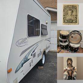 MaxSold Auction: This online auction features bike, golf clubs, TVs, sewing machine, travel trailer, NIB RV screen room & accessories, fire bowl, small kitchen appliances, pet products, key collection, cast iron teapot, chain saw, NIB river raft, power washer, home health aids, toys, vintage tins, steins, stamp collection, coins, vintage brass instruments, drums, bongos,  CDs, DVDs, and more!