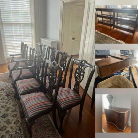 MaxSold Auction: This online auction features MCM furniture, baby grand piano, glass/metal tables, mahogany etageres, settee, accent bench, bar stools, dining tables & chairs, mantle clocks, writing desk & chair, patio furniture, area rugs, and more!